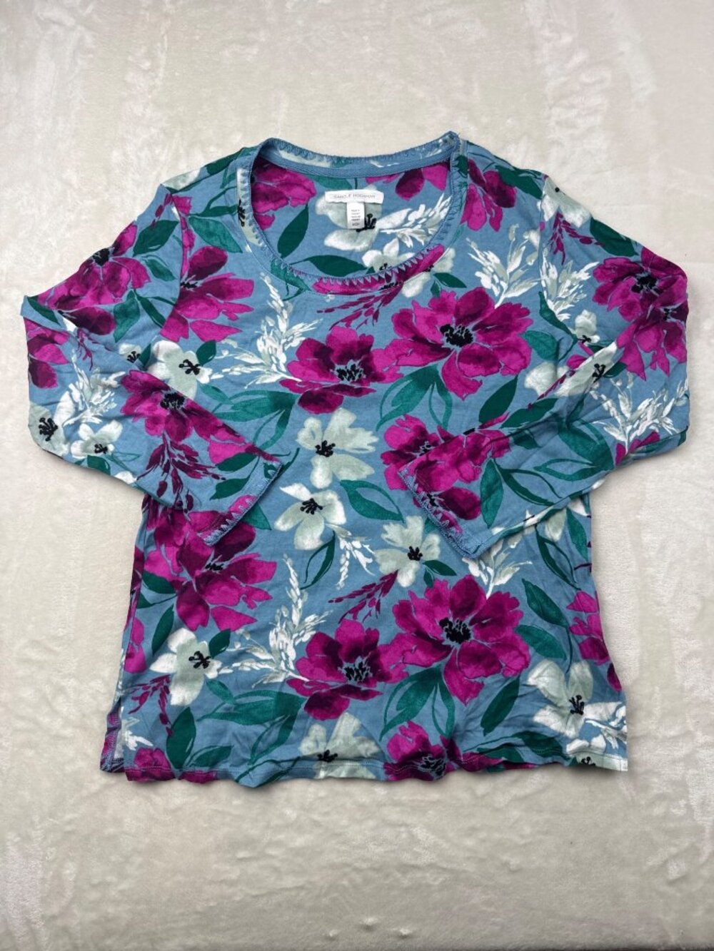 Carole Hochman Womens Floral Pajama Set Small 100% Cotton Blue & Pink 3-Piece